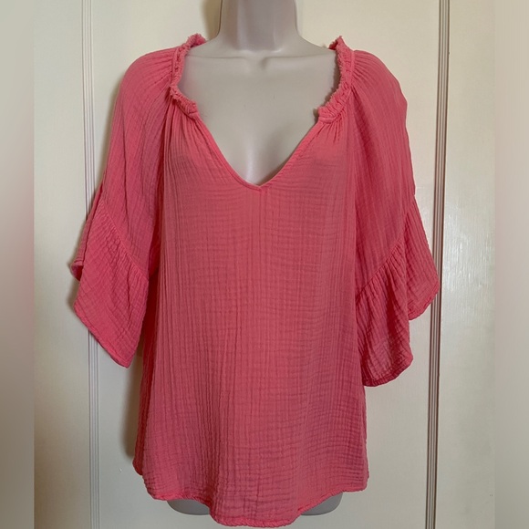 Michael Stars Coral Soft Gauze Blouse with Ruffle Sleeves - Picture 1 of 14
